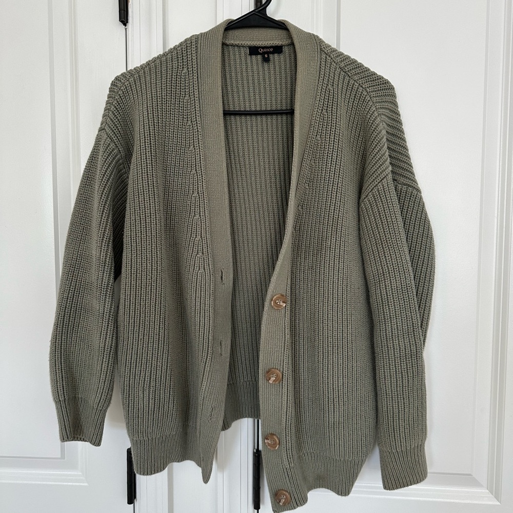 Quince Olive Green Ribbed Button-Front Cardigan Sweater